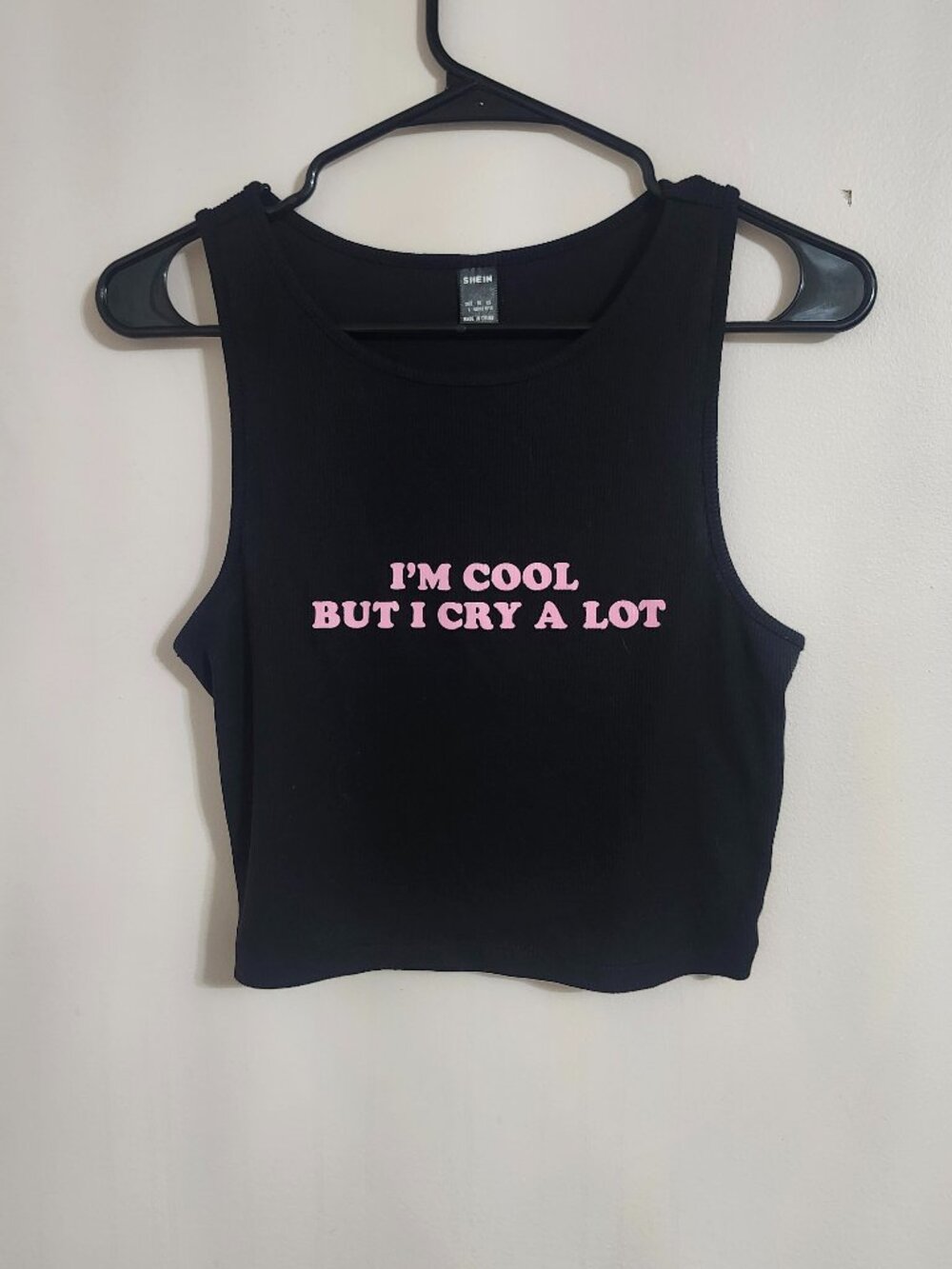 "I'm Cool But I Cry A Lot" Ribbed Crop Tank Top | Black | Size L